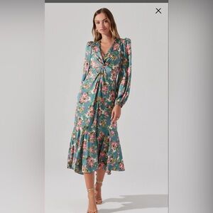 SATIN FLORAL TWIST V-NECK MIDI DRESS